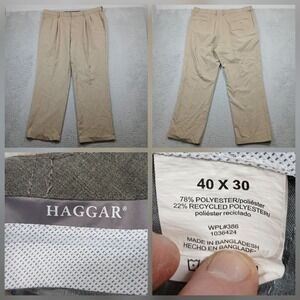 Haggar Dress Pants Men's 40x30 Khaki Pleated Polyester Blend Slacks